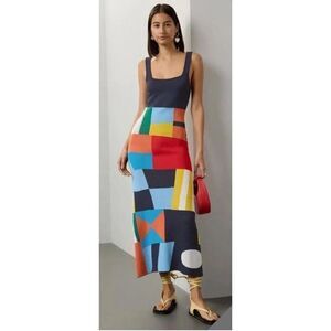 Staud Katie Dress Patch Print Knit Midi Blue Multi Square Neck Sleeveless Sz XS